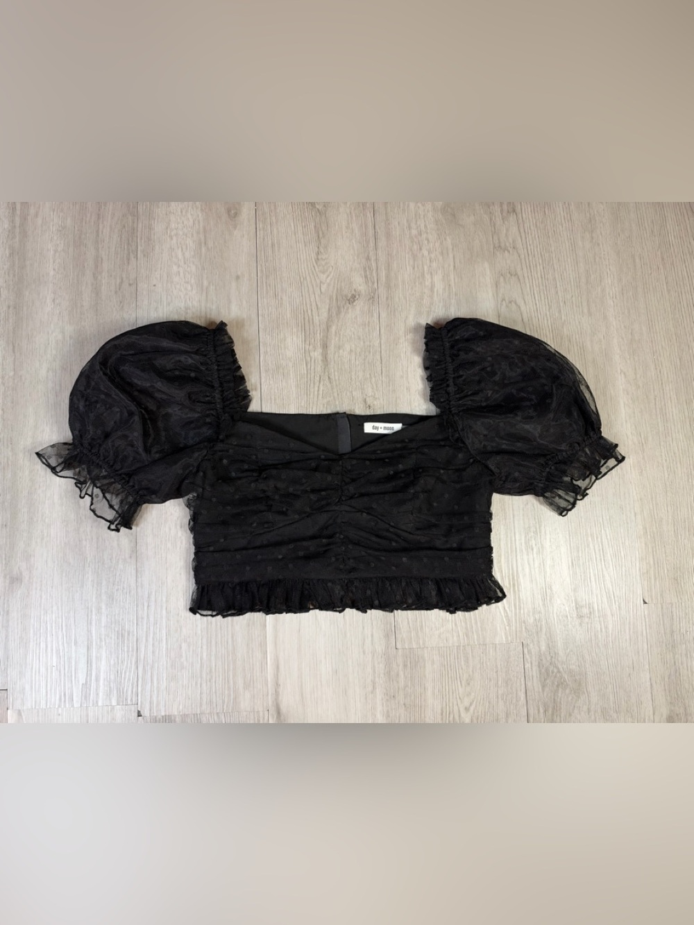 day + moon Women’s Black Mesh Polka Dot Puff Sleeve Cropped Blouse Size S